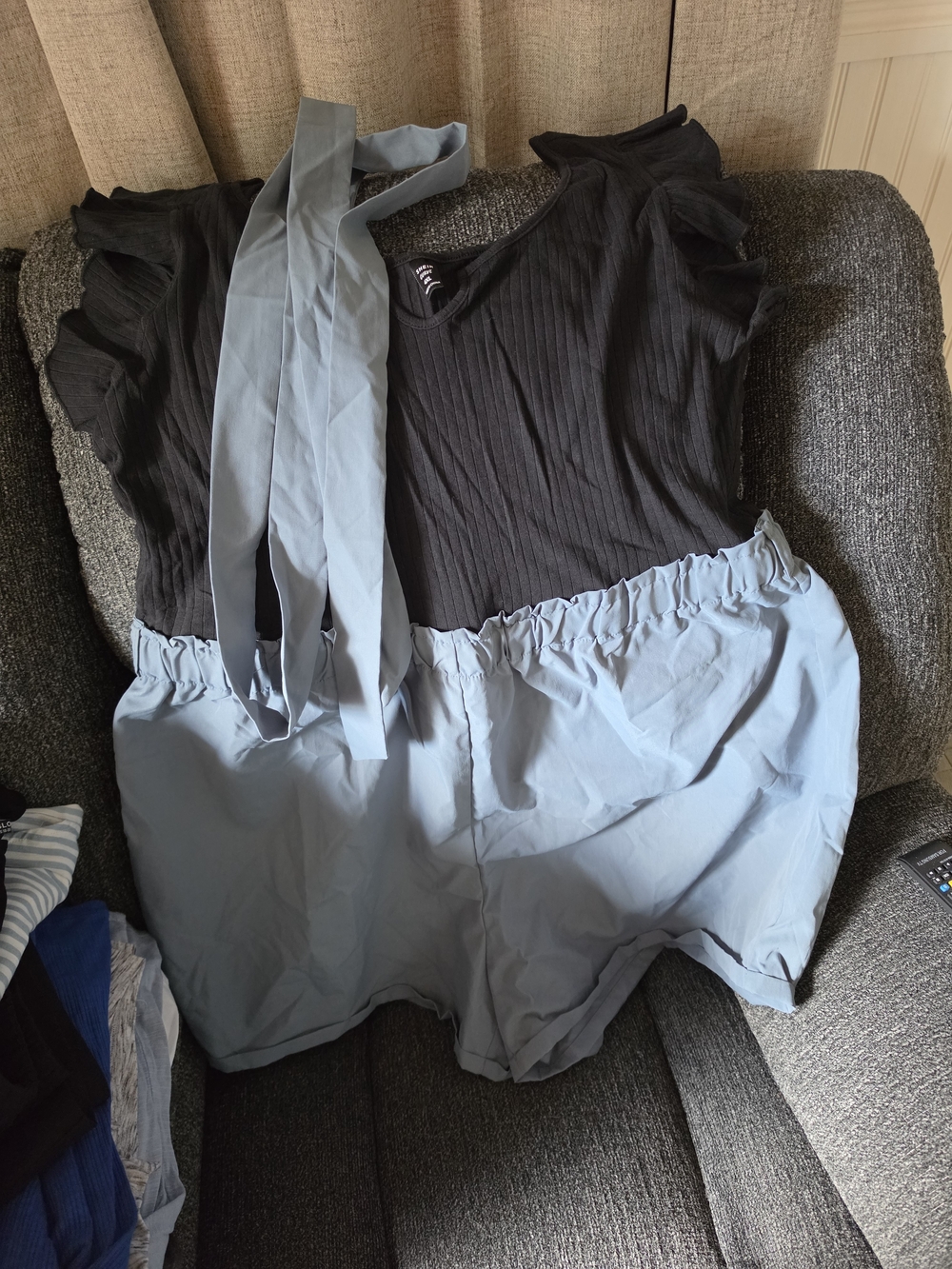 SHEIN Black Ribbed Top with Light Blue Romper Shorts